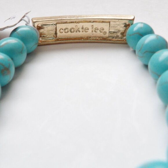 Cookie Lee NWT Turquoise Colored Bead Stretch Bracelet w/ Rhinestone Bar - Picture 4 of 10